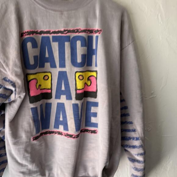 Vintage 80s SUN Catch A Wave Sweatshirt Mens Large Graphic Pullover 80s Surf - Picture 2 of 9